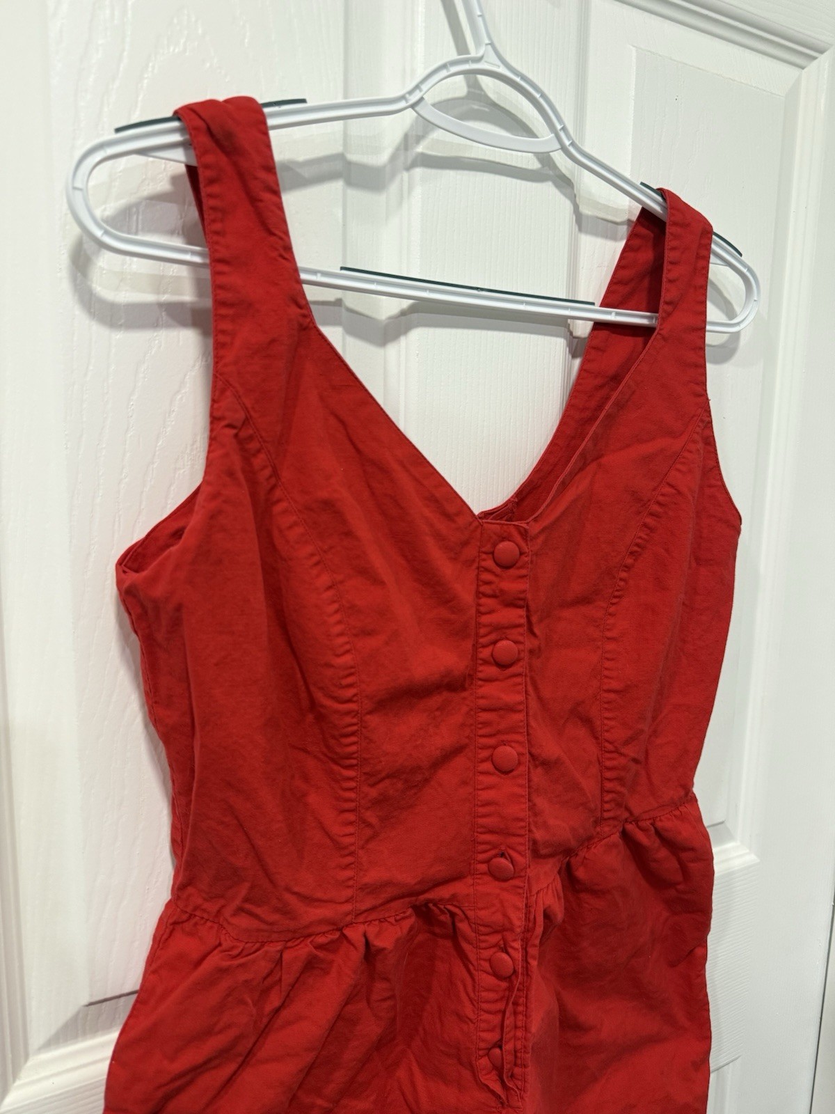 Vintage 1980s Red Romper Button Up Lace Back Pockets Size S Cotton Fashion Force