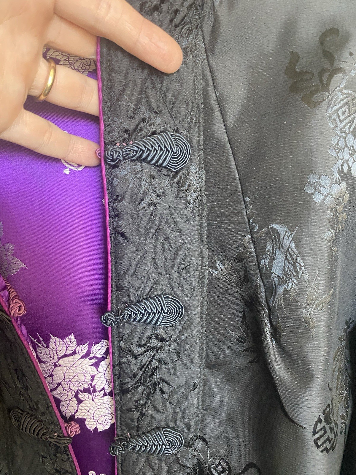 Vintage Chinese Purple Satin Brocade Jacket, Reversible/Floral Embroidery S/M