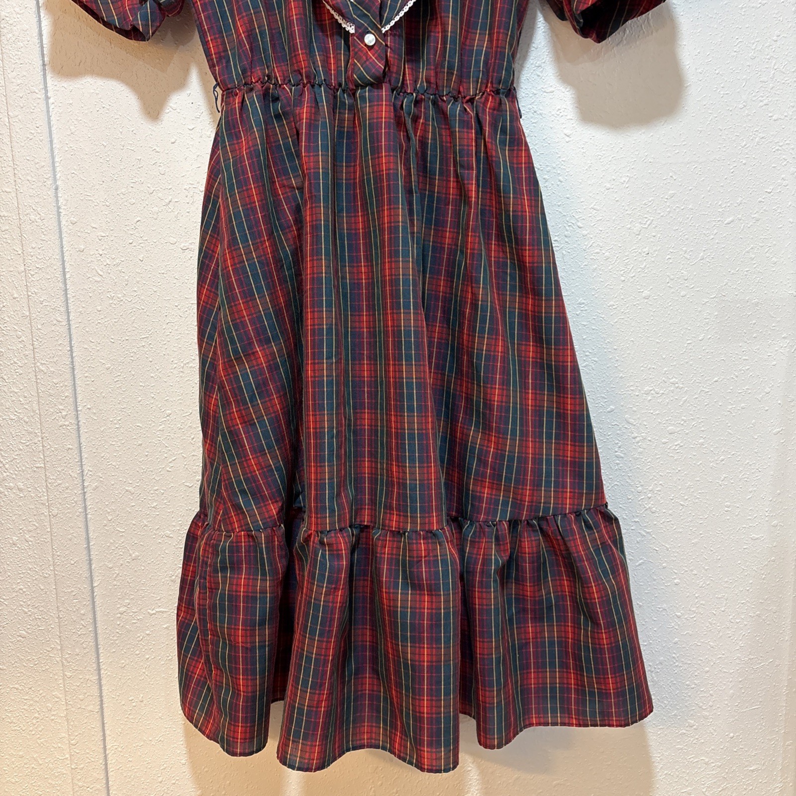 80’s Tartan Ruffled Front Plaid Red Green Yellow Plaid Western Prairie Dress