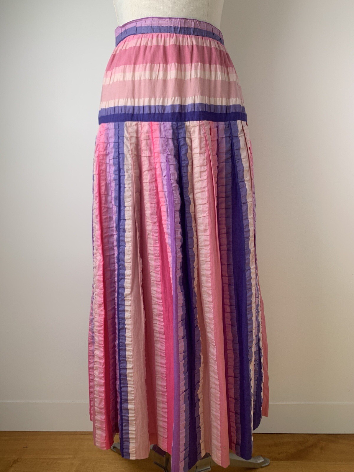Vintage 1970s Maxi Skirt Madras Seersucker Pastel Rainbow Stripe Handmade S/M