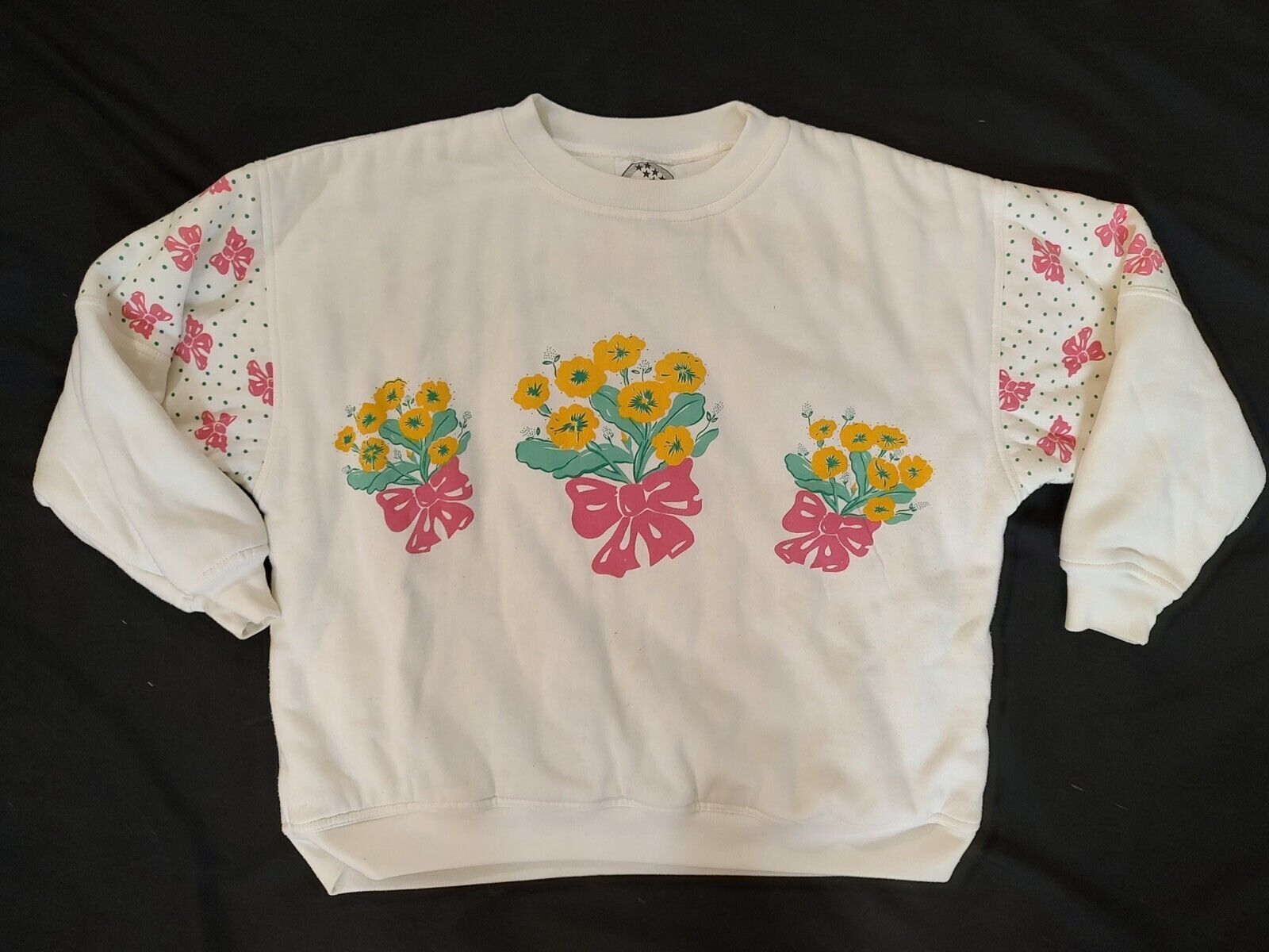 80’s Vintage Sweatshirt Dashers Padded Super Fluffy Floral & Bows Pattern Sz L