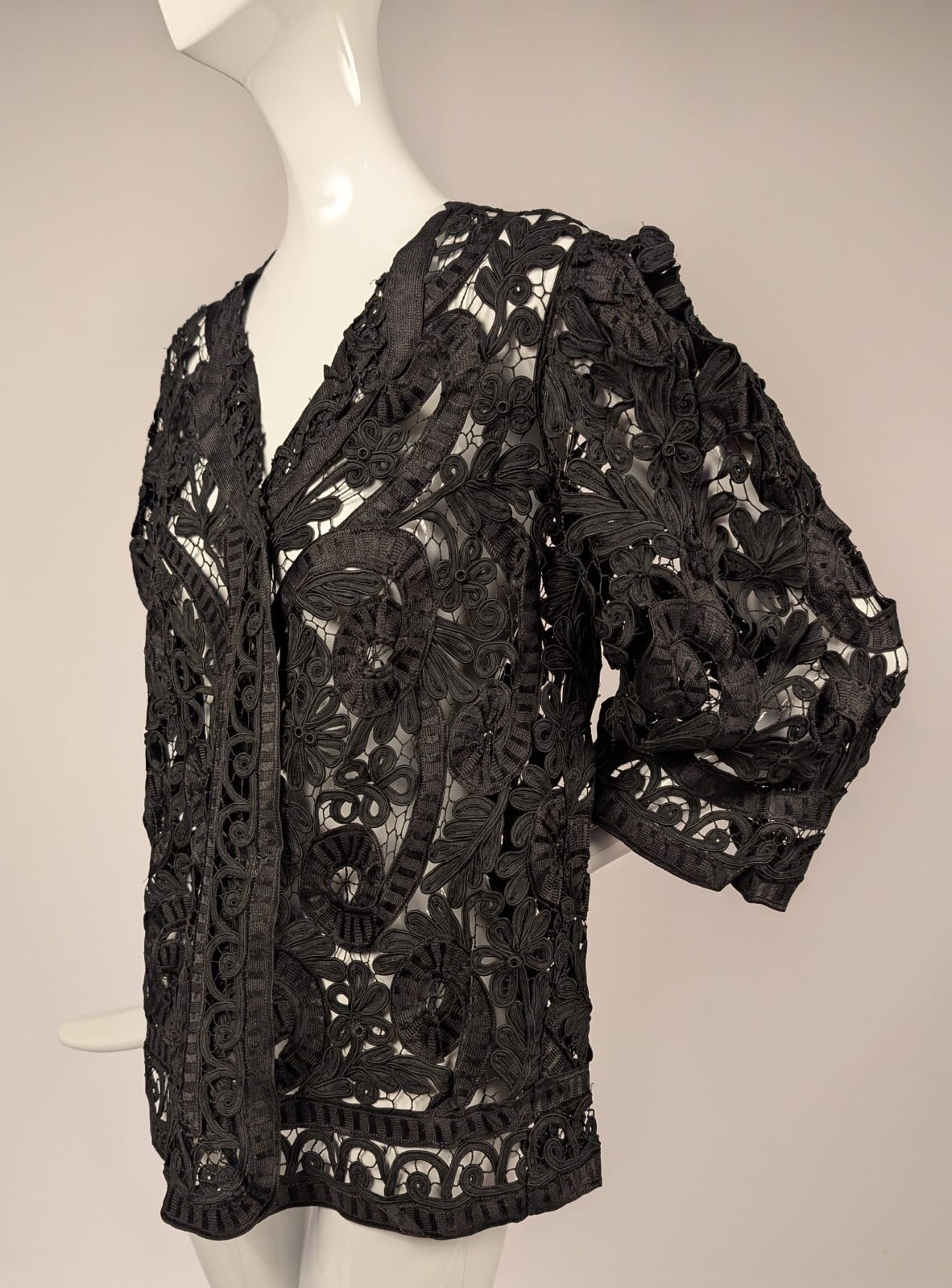 EDWARDIAN RICH BLACK SILK RIBBON TAPE LACE JACKET 
