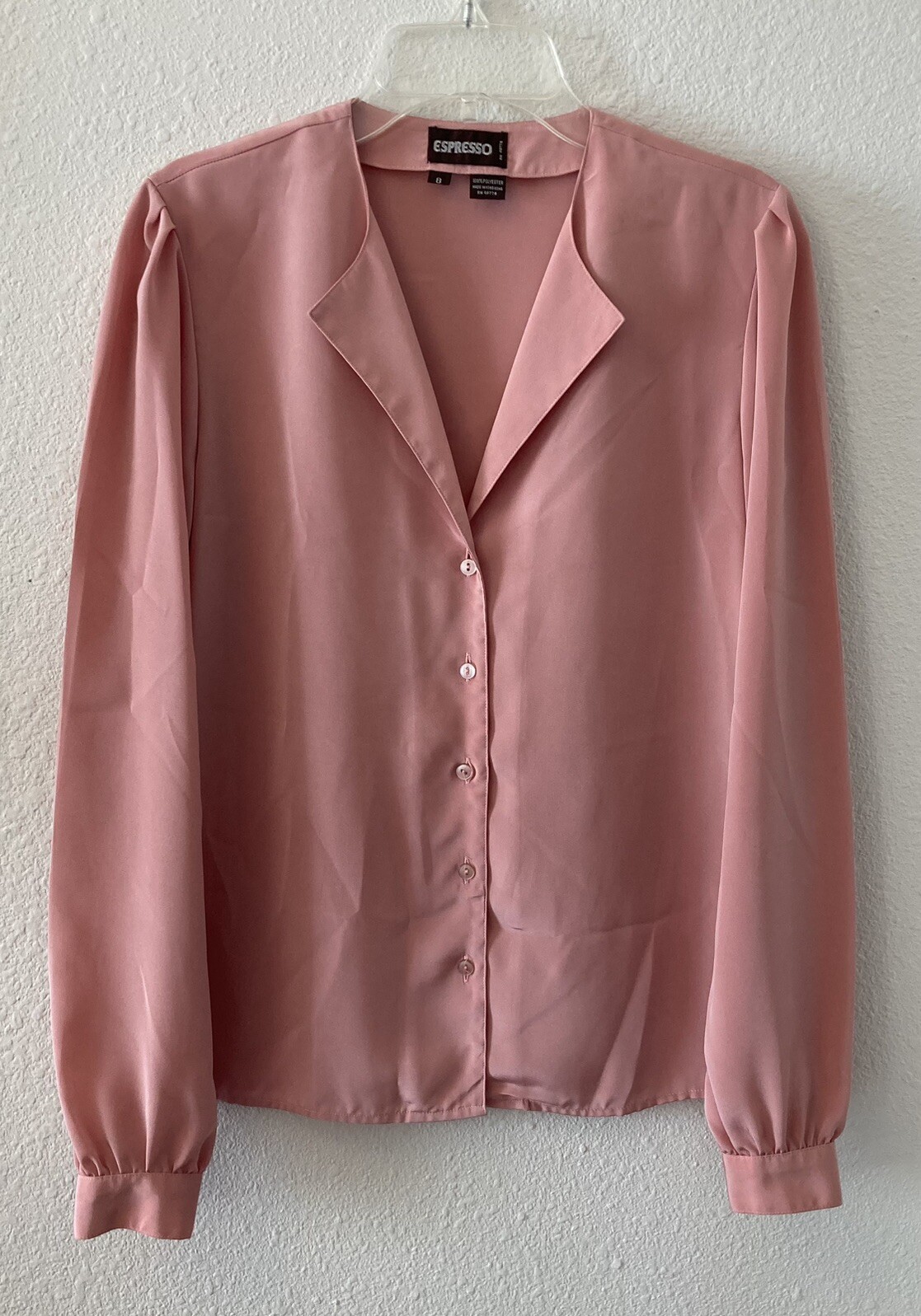 Vintage 80s Blouse Espresso Dusty Pink Button Up Long Sleeve Size 8 Cottagecore