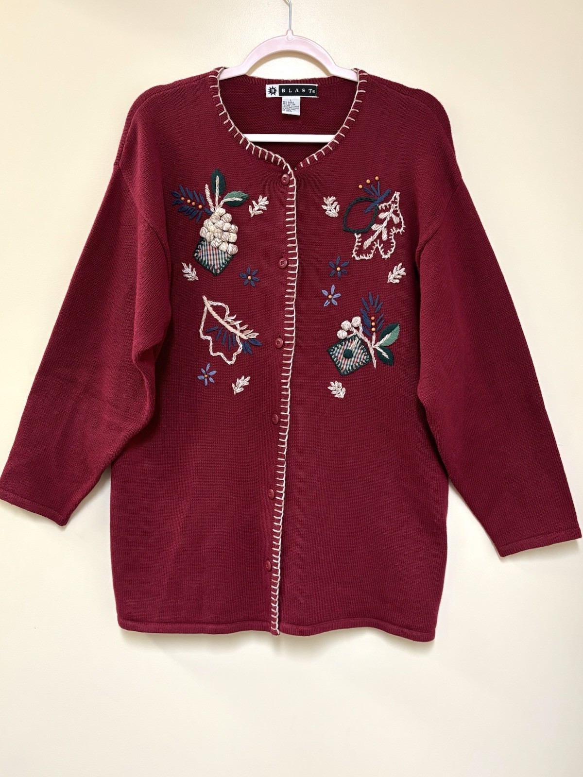Vtg Christmas Blast Sweater Grandma Core Women Sz L Cardigan Knit Embroidered