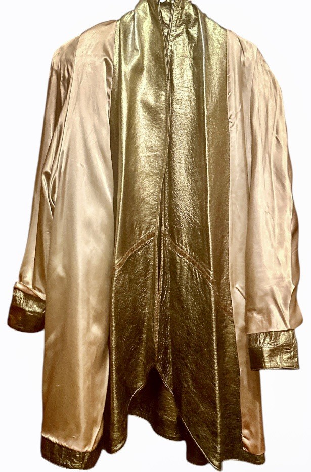 VTG 80s Kanar Gold Lame Metallic Leather Swing Coat Hollywood Glam XL / 2XL