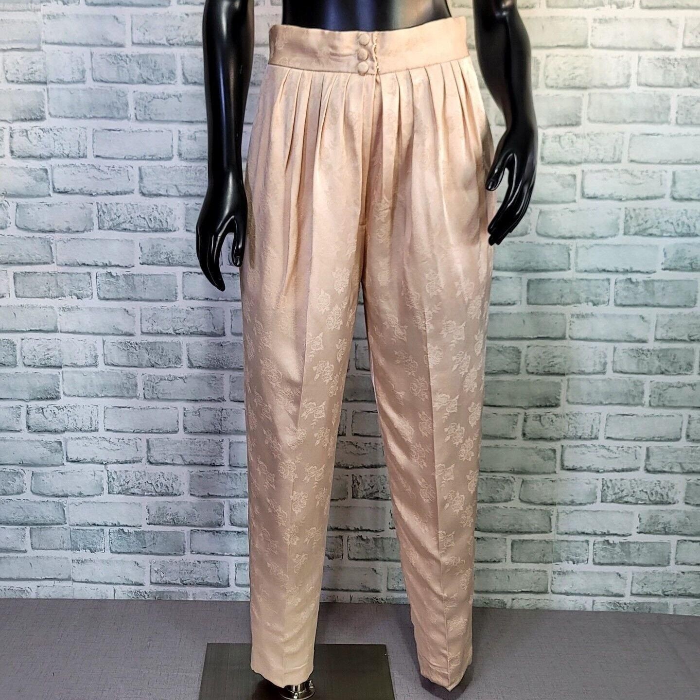 Vintage 80s 90s Blush Satin Brocade Pants High Waist Pleated Tapered Trousers