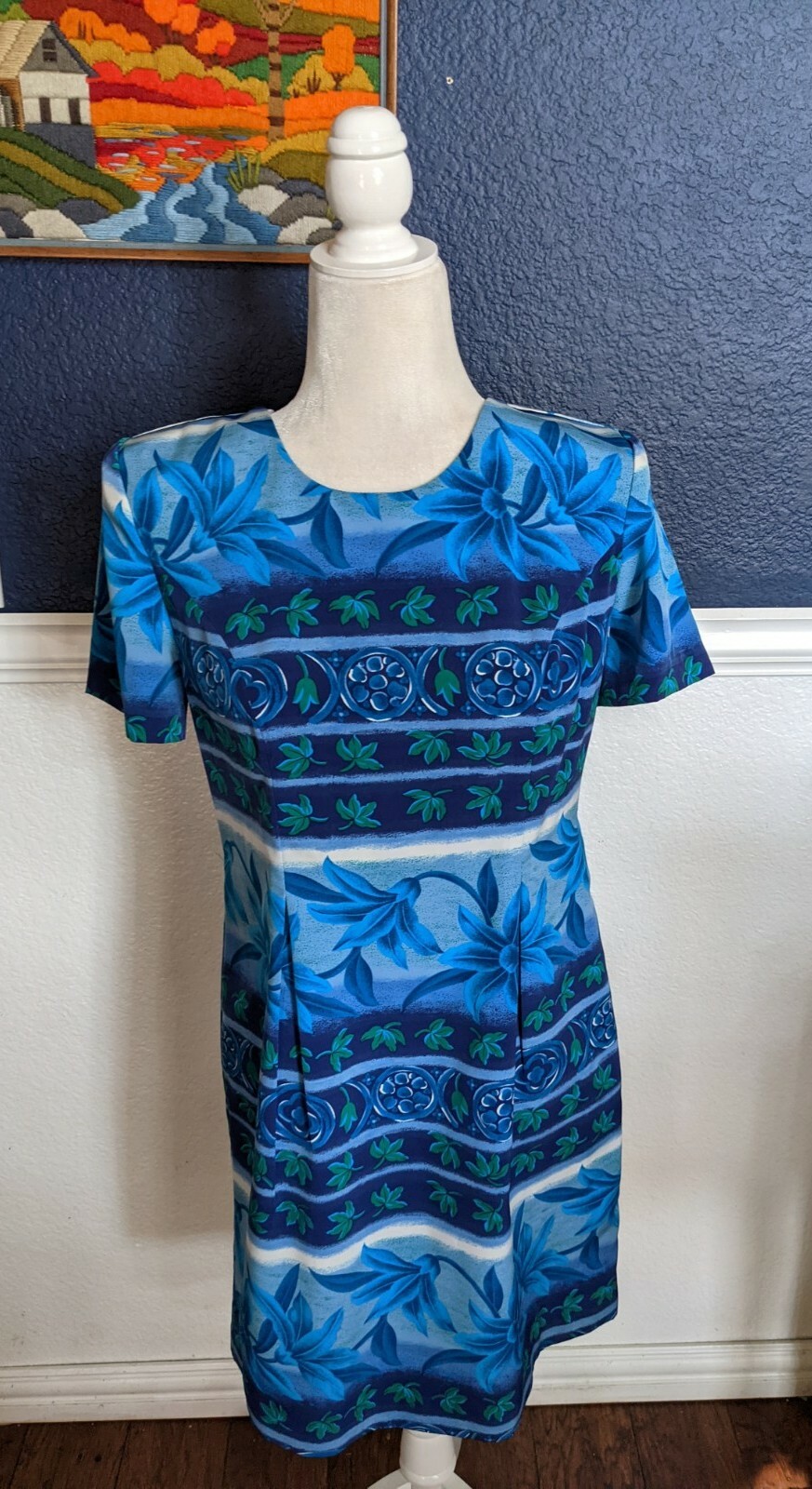 VTG Betsy Lauren Dress 1990s Short Sleeve Blue Tropical Dress Sz Petite 6 Small