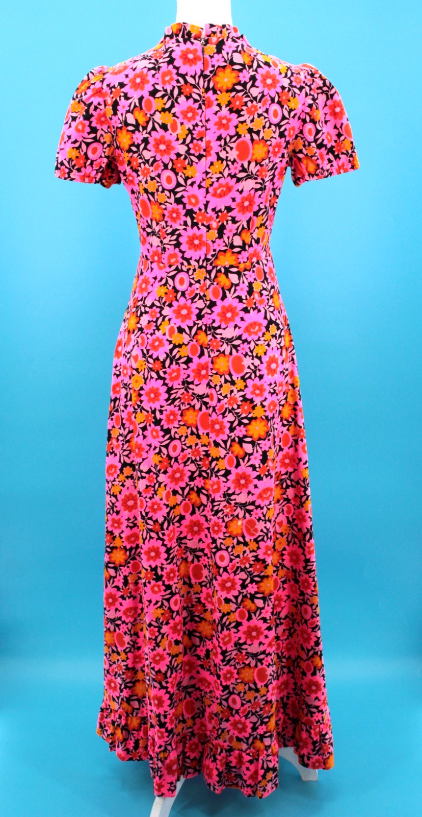 Vtg Women’s 60s Hot Pink & Orange Psychedelic Floral Maxi Dress XS/S 1960s