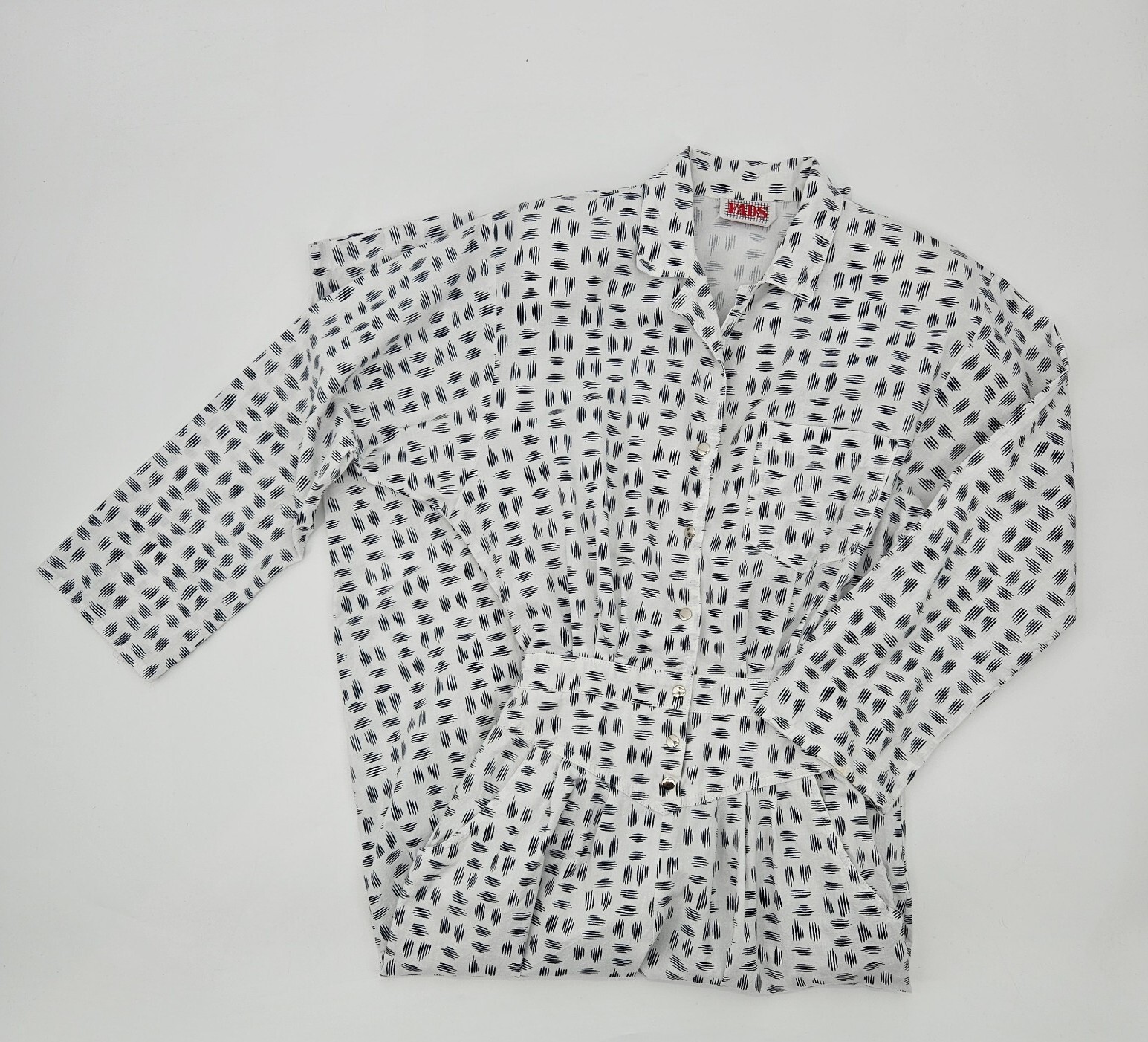 Vintage 80s FADS Cotton Jumpsuit Women’s size 9/10 White Print Shoulder Pads USA