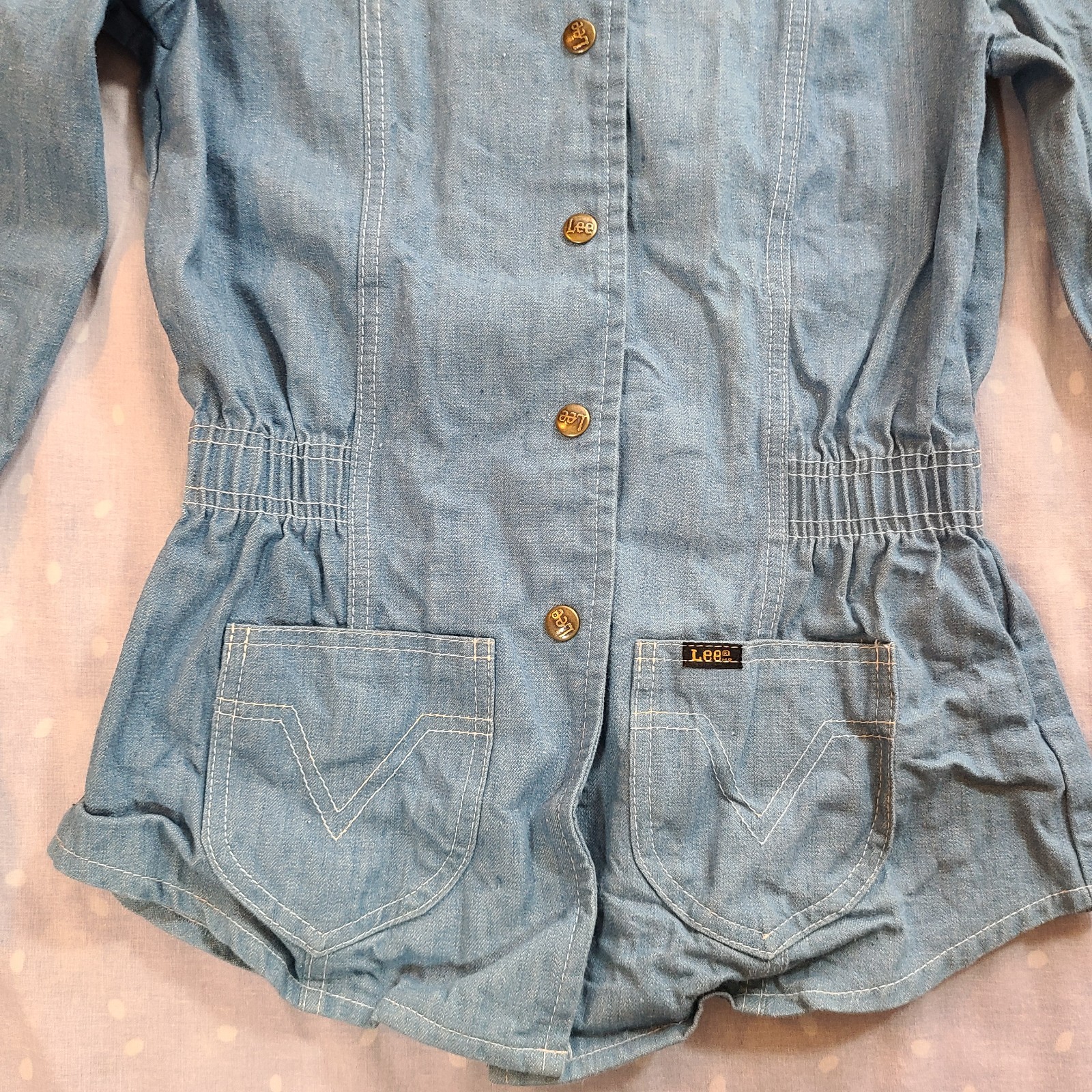 Vintage Lee Women’s Snap Button Up Blue Denim Shirt Longsleeve Sz S Made In USA