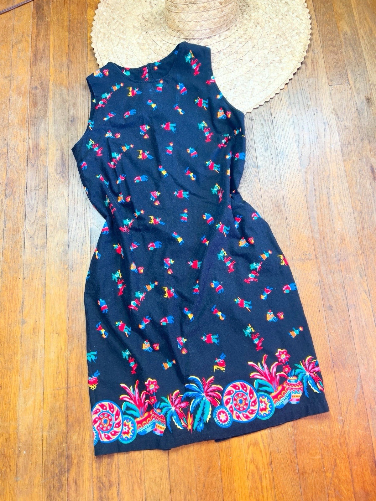 MEXICAN NOVELTY Print 60s 1960’s Vintage Black Cotton Shift Sundress Dress M 36b