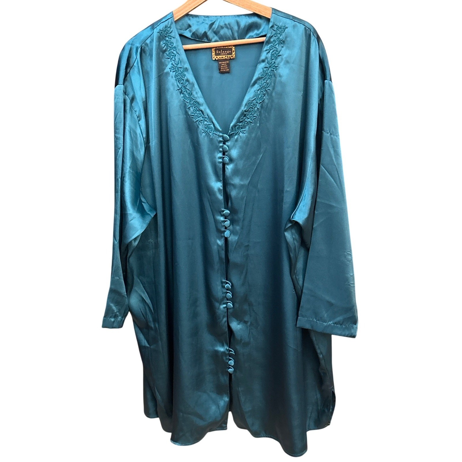 Vintage Solange Satin Robe Teal Blue Embroidered Regencycore Glamour Boudoir