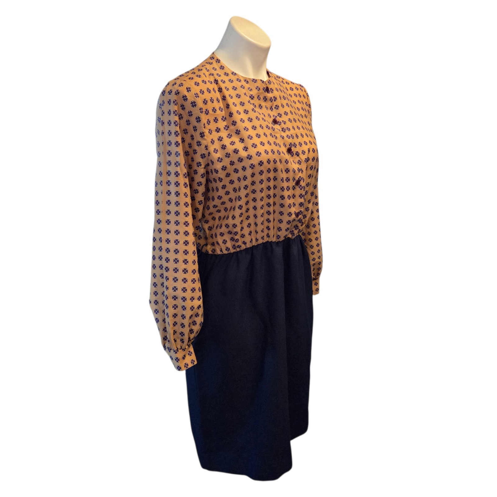 Vintage 70s Sears Roebuck Dress Size 14 Blue Tan 14 Petite Office Business Work