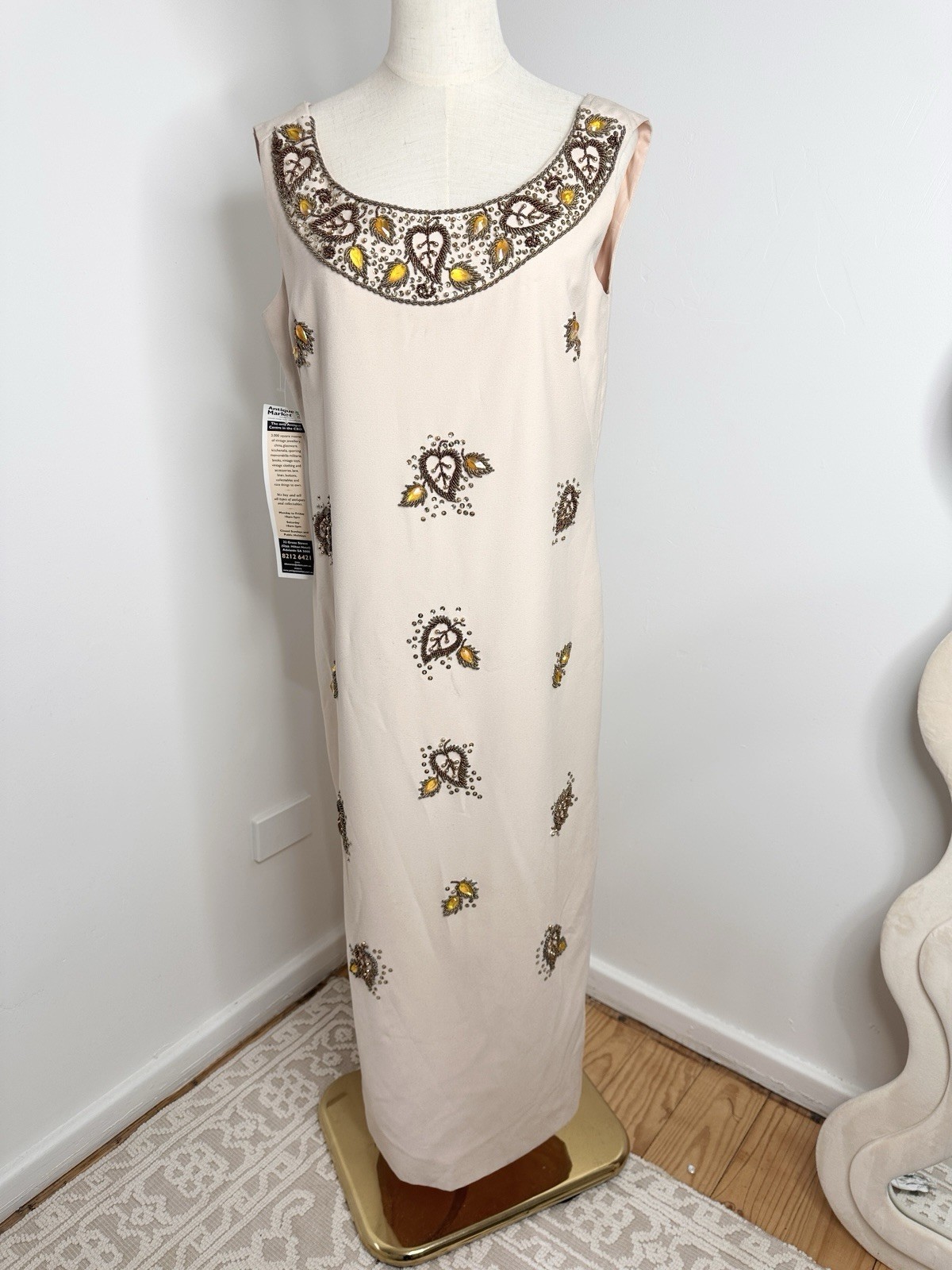 Vintage 50s 60s Sz S / M gold beaded sequin formal evening maxi gown dress party