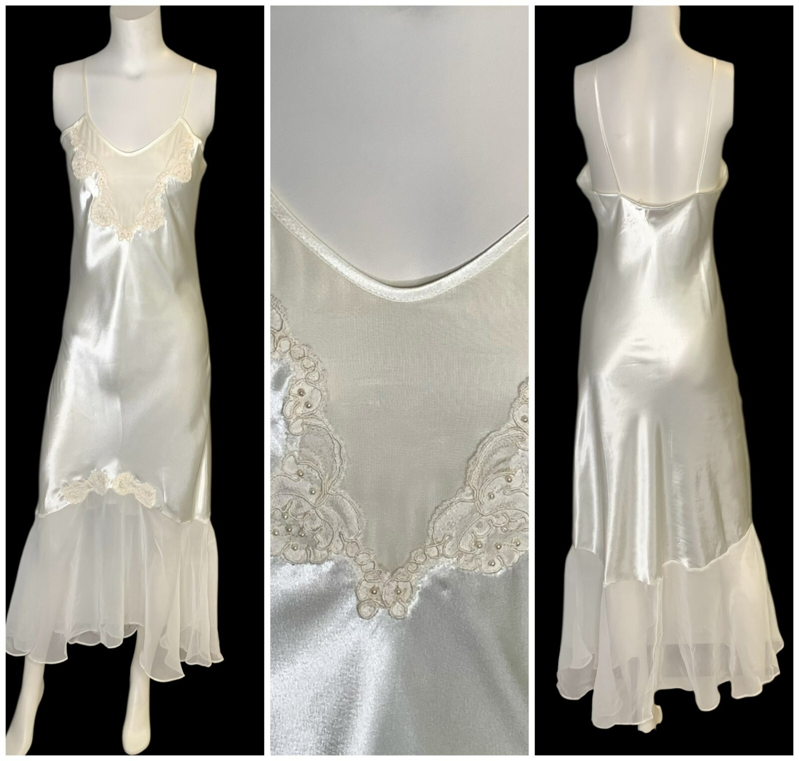 VTG Victoria’s Secret Gold Label Satin Lace Slip Dress S Ivory Chiffon Nightgown