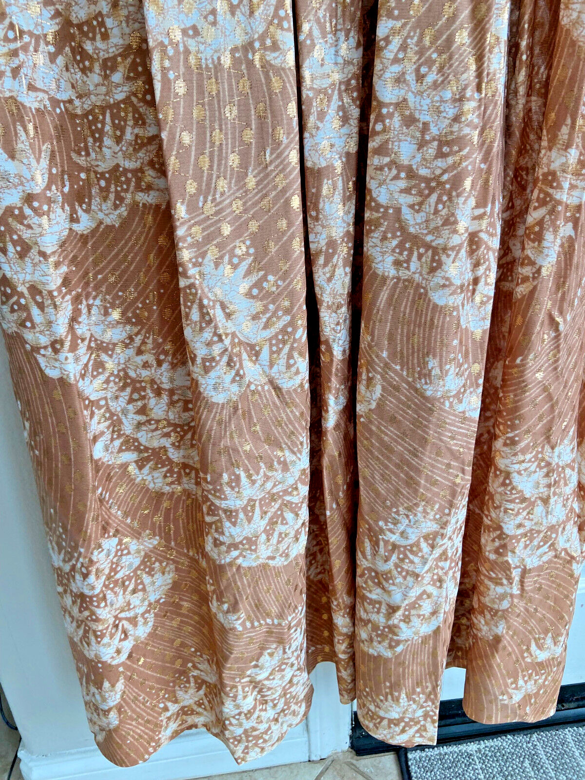 Vintage Nancy Greer Dress Gold Metallic Abstract Print Neck Tie Box Pleats SZ 8