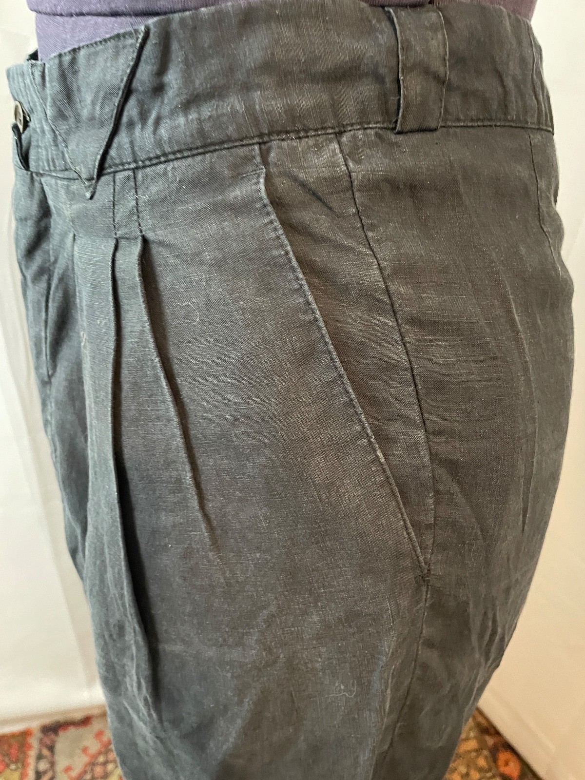 Versace V2 Black Linen Pants 1990s Vintage Pleated Wide Leg Pockets 8 M