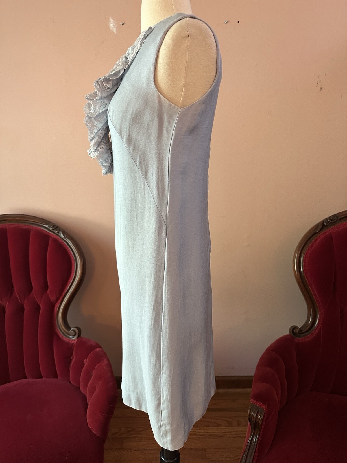Vintage 60s Baby Blue Lace Ruffled Jabot Shift Mini Dress Silk Linen XS S
