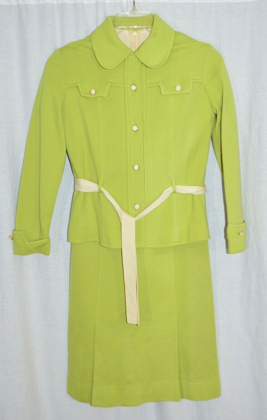 1960’s Mod Secretary Green Beige 100% Wool 2 Piece Dress Suit Modern Day Medium