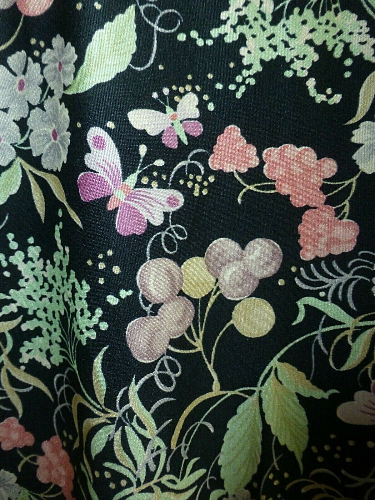 Vtg 70s Ship’n Shore FLORA FAUNA Print Nylon knit hippie Shirt BLOUSE TOP XL