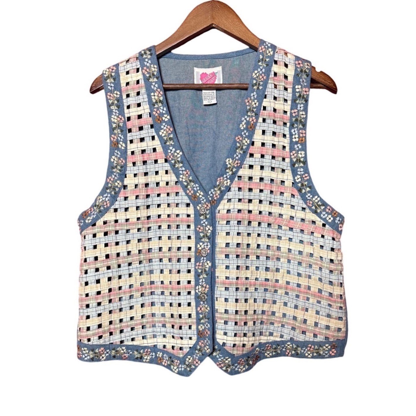 VTG Keren Hart Women Large Denim Vest Floral Embroidered Basketweave Blue Pink