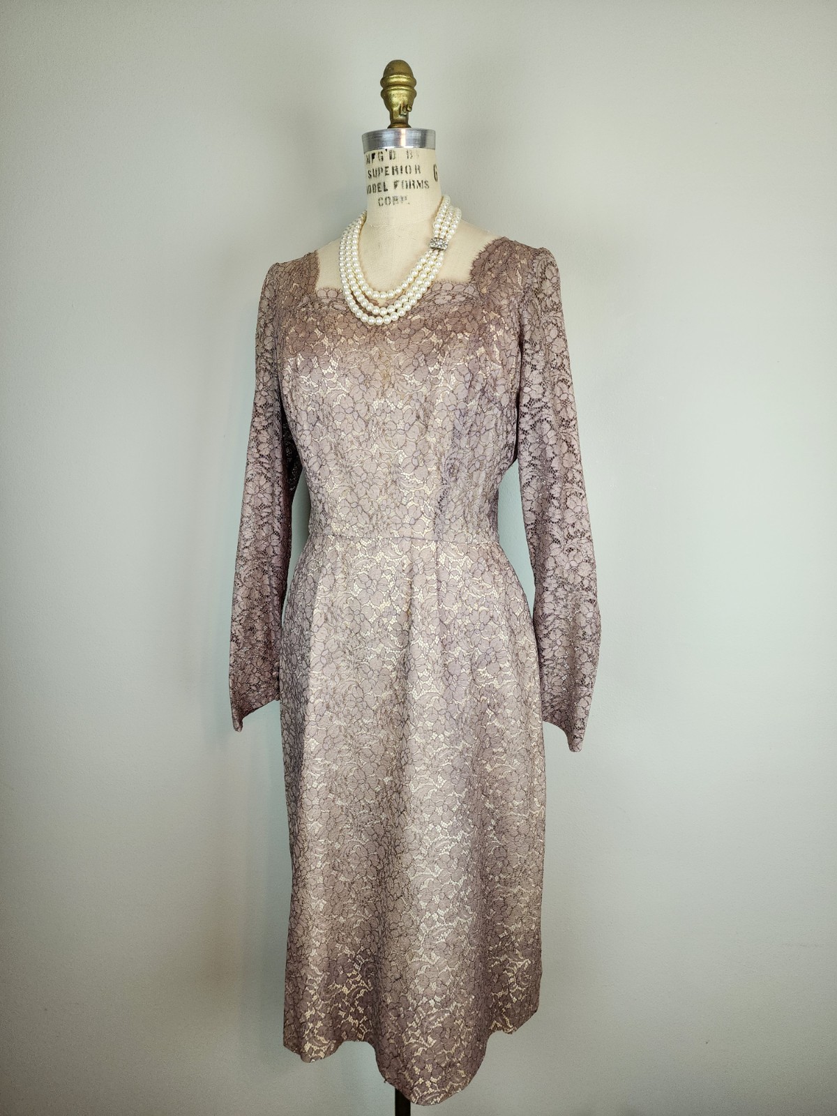 Vintage Late 1940’s Mauve Lace Over Champagne Satin Cocktail Dress with Godet