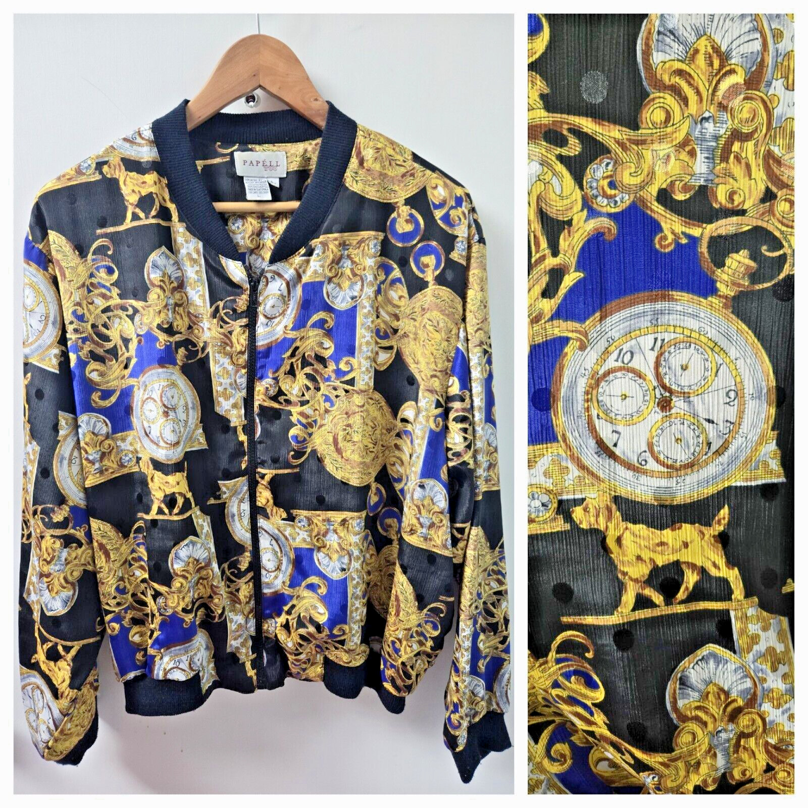 Vintage 1990s Silky Bomber Jacket Clock Rococo Baroque Papell Too L