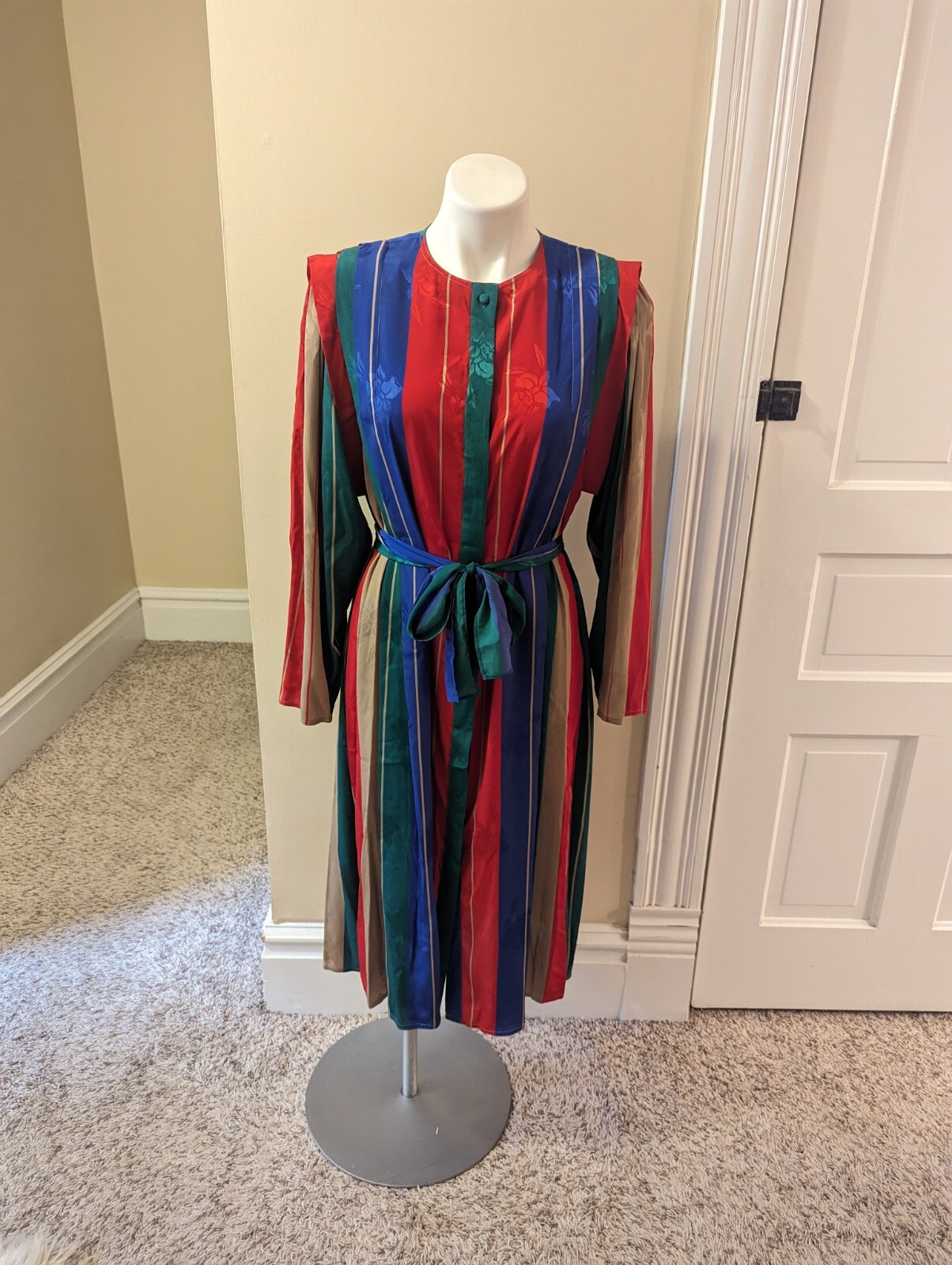 Vintage Cassidy red, blue, green and tan striped dress size 14