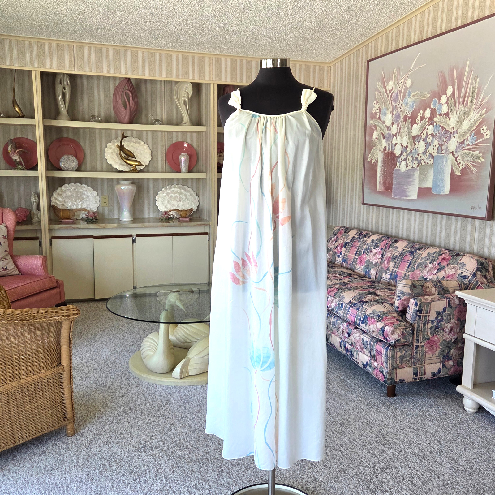 Vintage Mary McFadden S Dress Pastel Floral Lotus Pink Blue on Cream Bow Strap