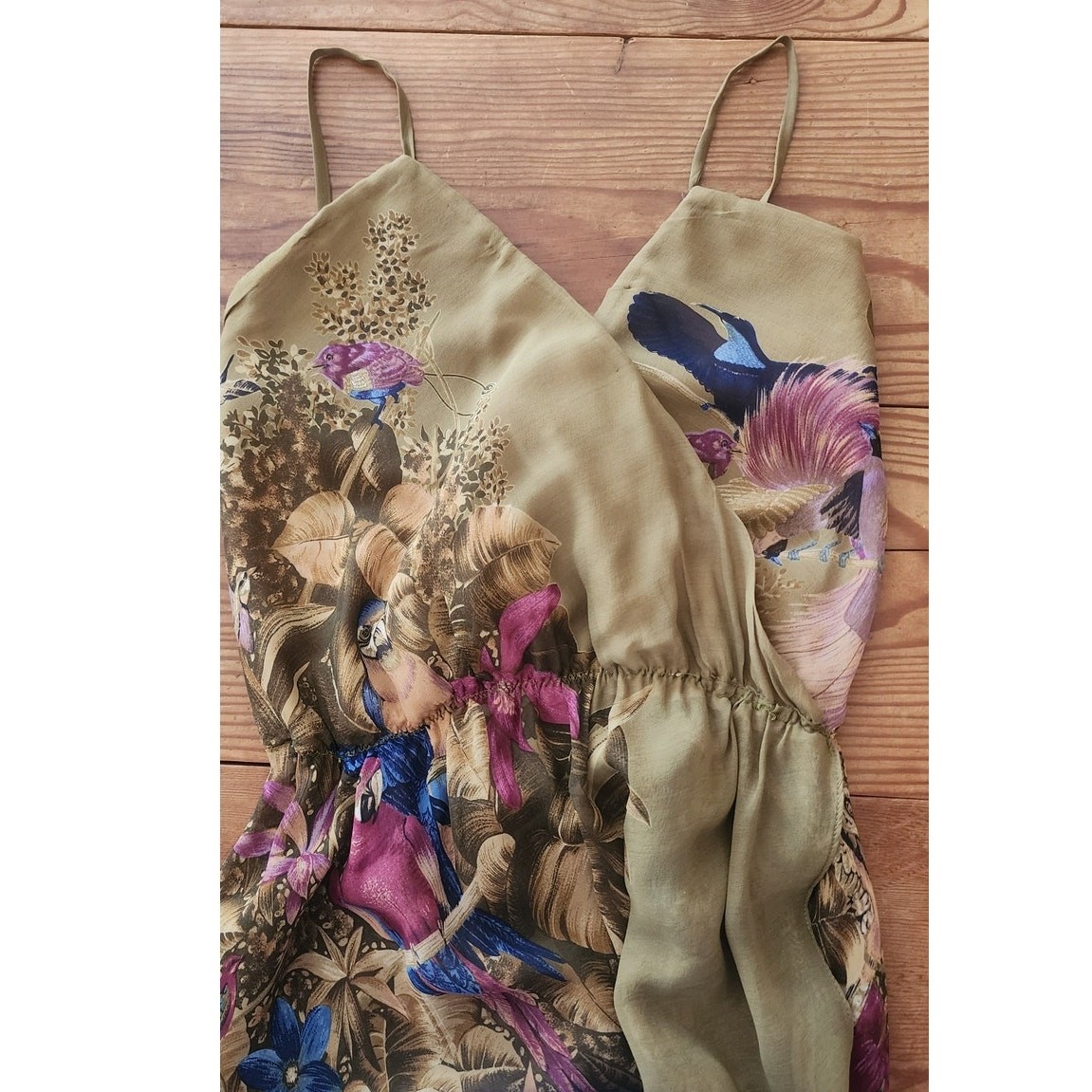 VTG 1970s Gianni Versace RARE Dress Silk Tropical Parrot Print Spaghetti Straps