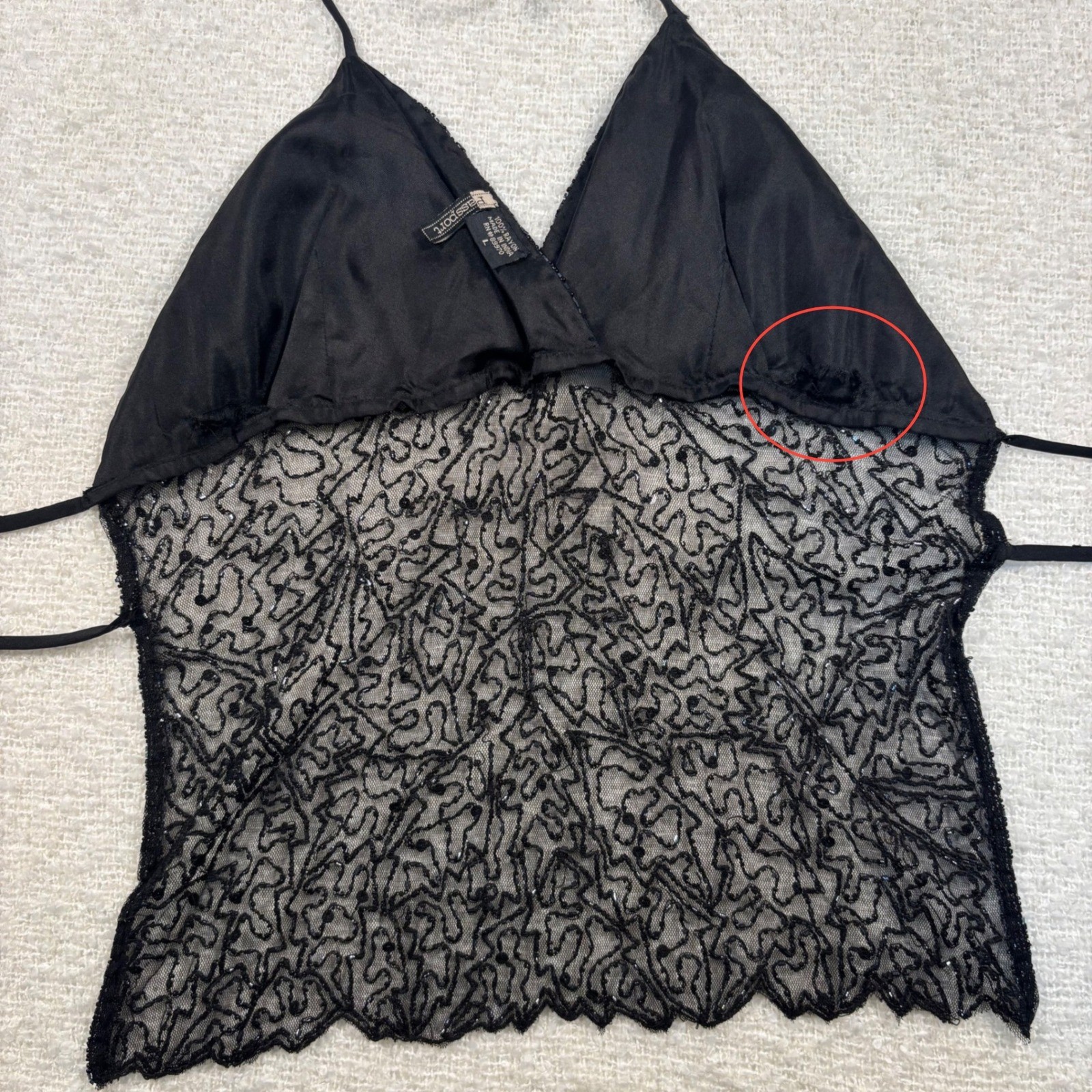 vintage late 90s passport Y2K black beaded sequin mesh top strap coquette goth