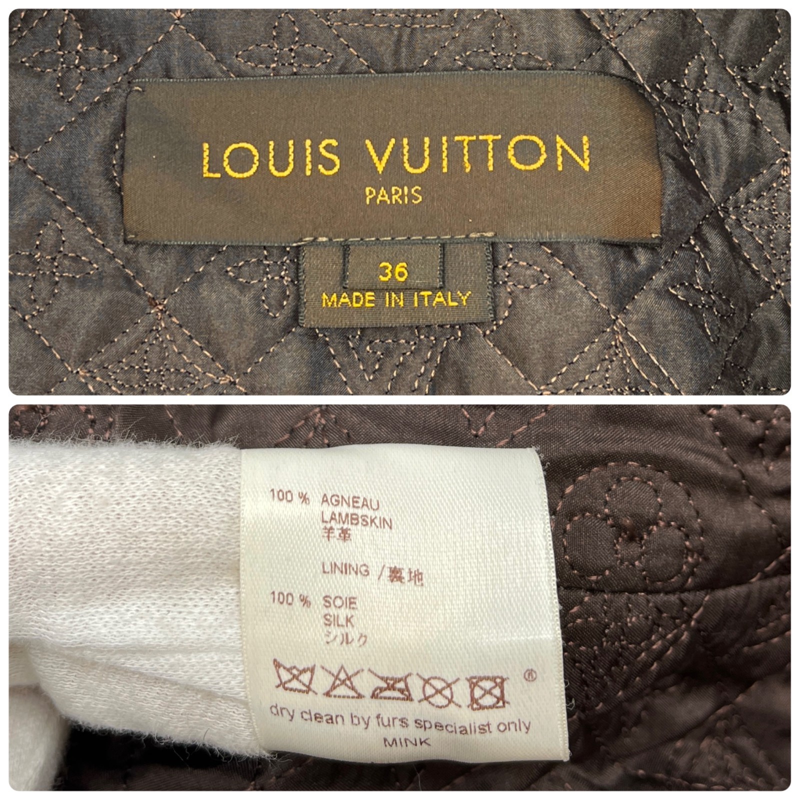 LOUIS VUITTON Vintage LV Monogram Logo Fur Leather Jacket #36 Zip Brown Gold