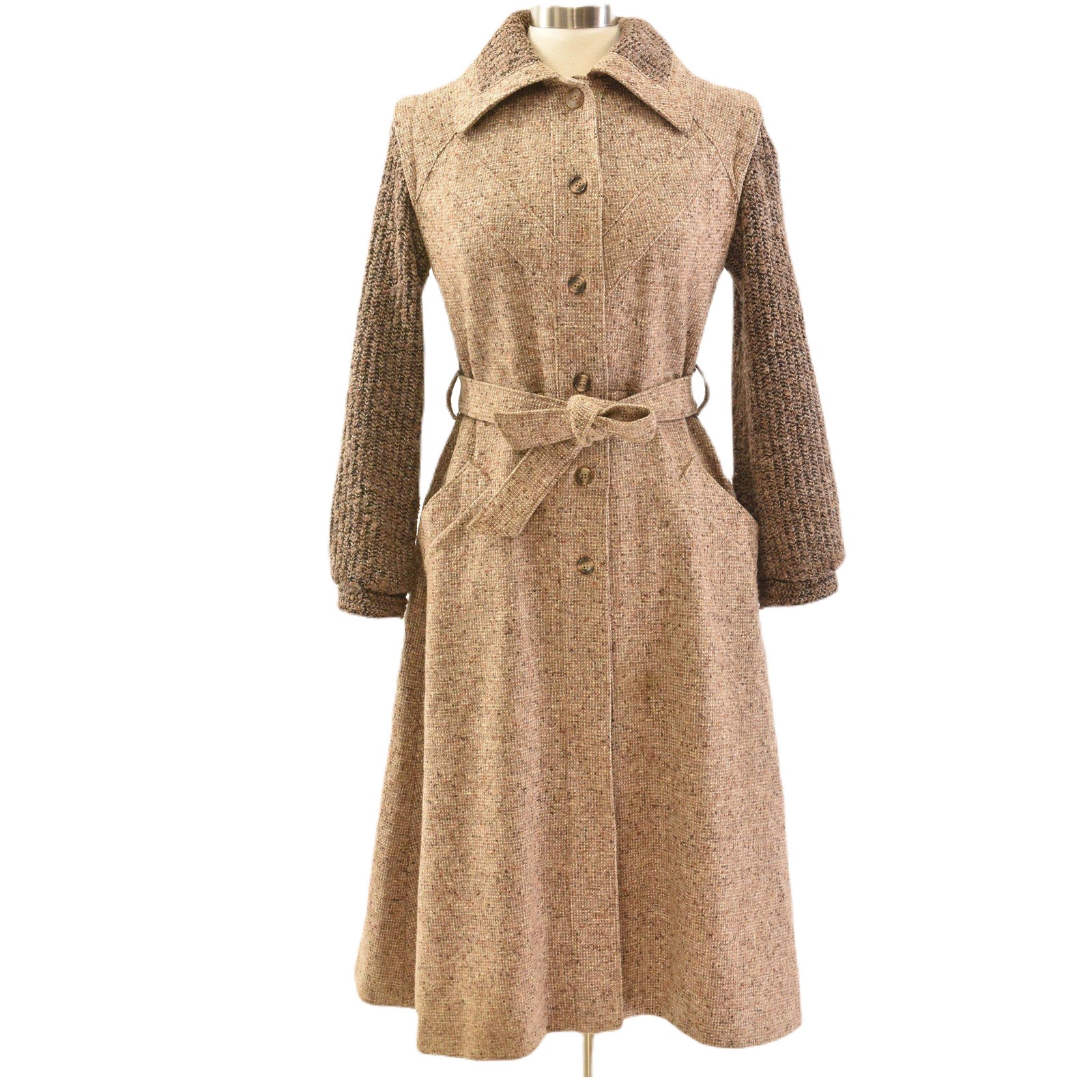 70s Vintage Wool Tweed Coat Womens M Belted Maxi Balloon Sleeve Prairie Boho
