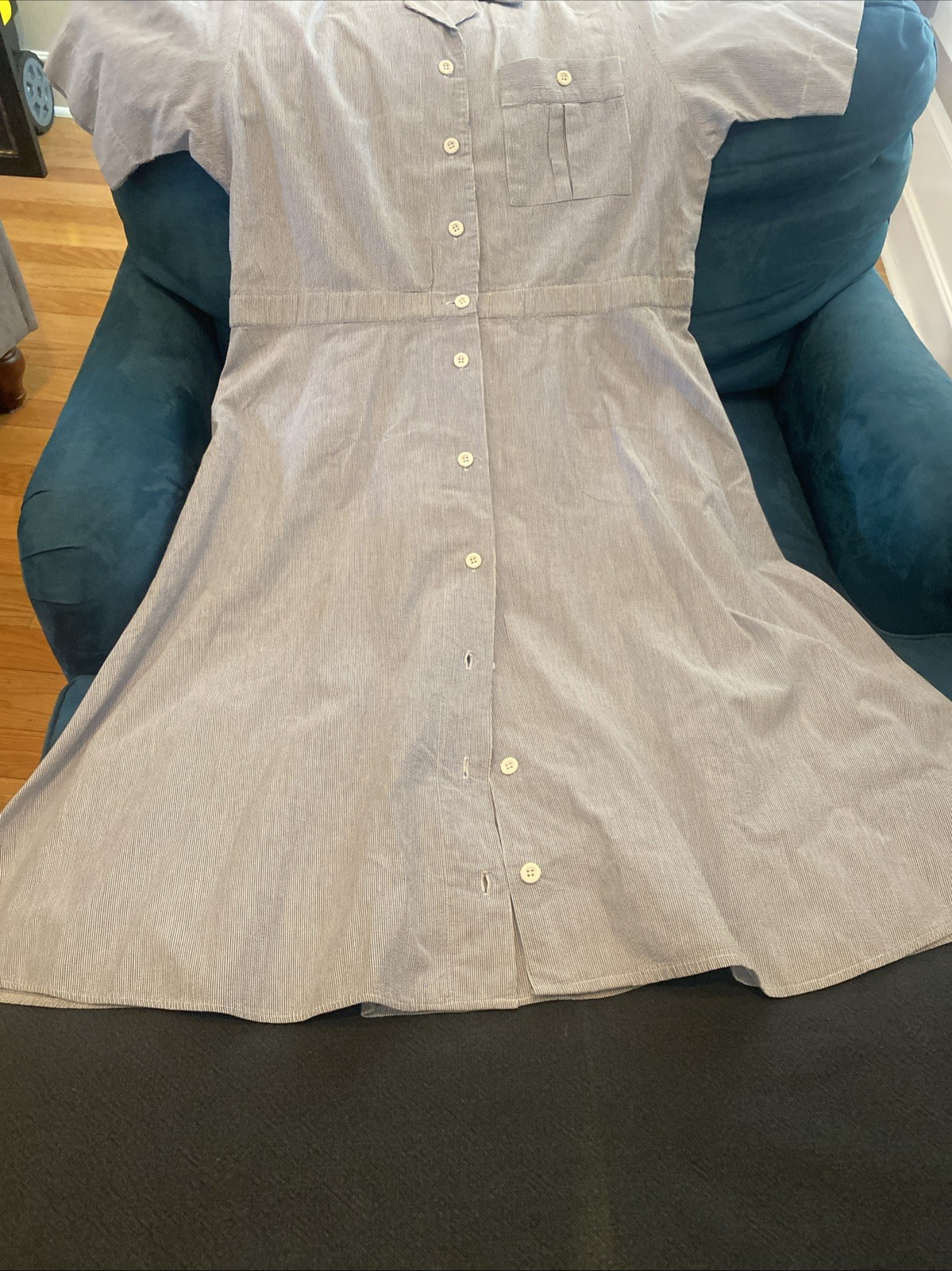 Vintage Andrew Harvey_Blue White Cotton Striped Shirt Dress, Size 14