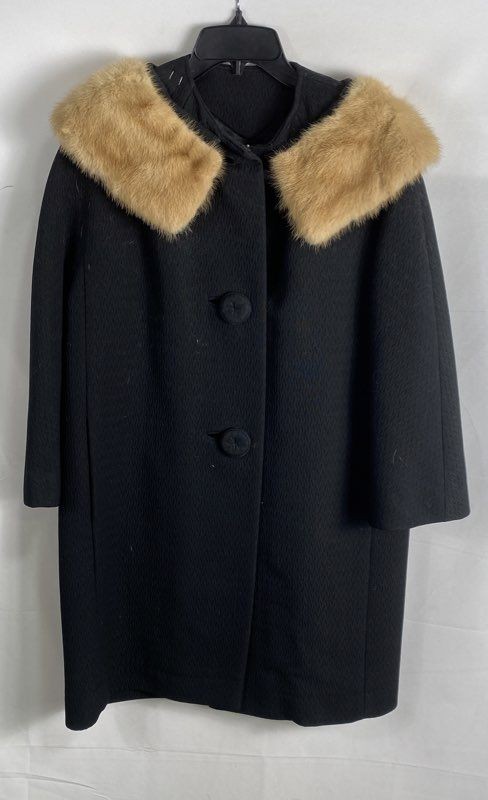 Vintage 60s Mr. Toni Women’s Black Forstmann Virgin Wool Fur Collar Coat Sz L