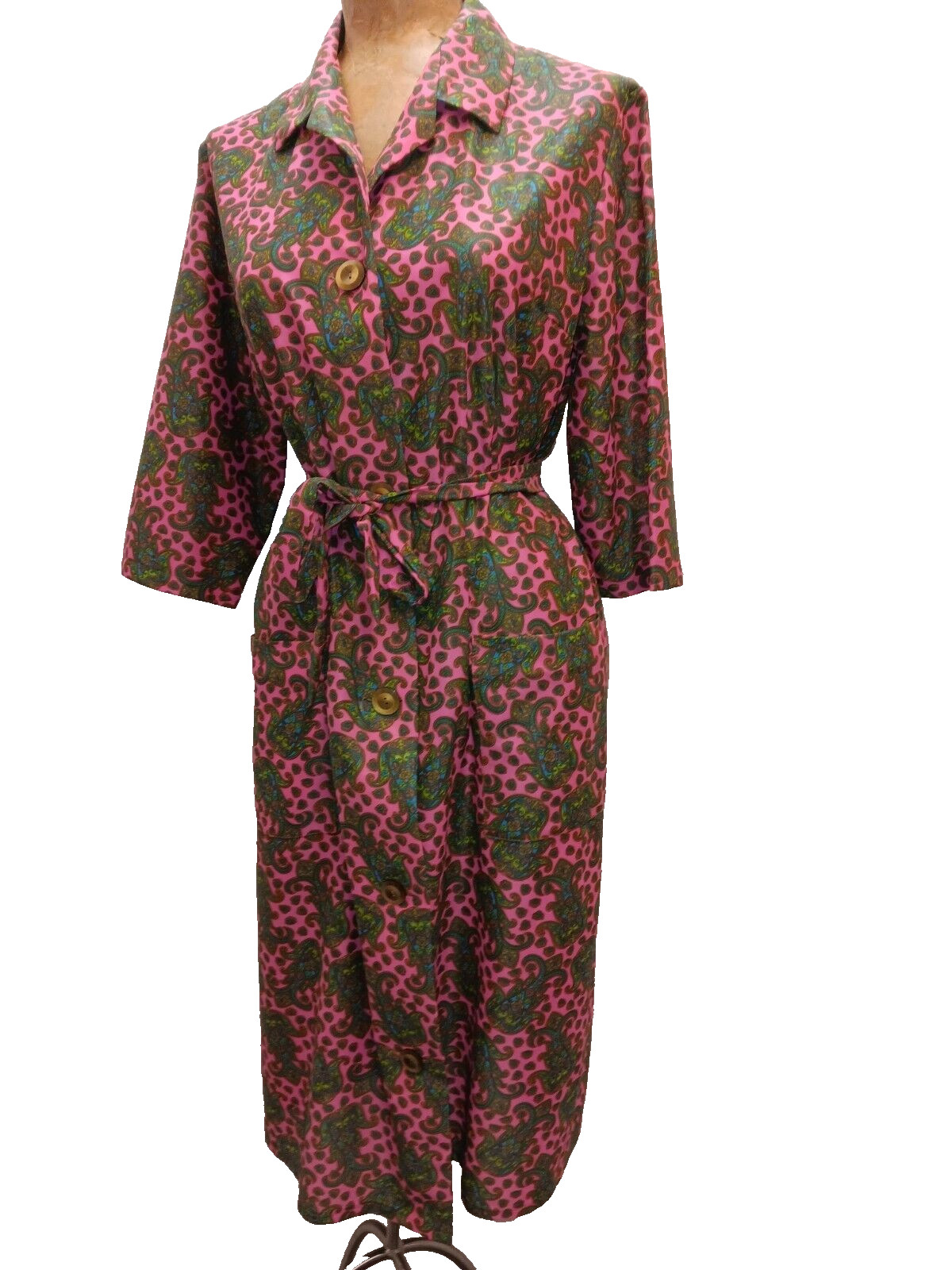 60s Pink Dark Green Blue Paisley Jersey Nylon Button Front Dress by Solida M/L