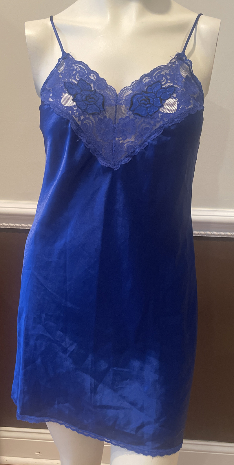 Vtg VAL MODE Lingerie Sz S Chemise Cobalt Blue Night Gown Sexy Baby Doll Slip