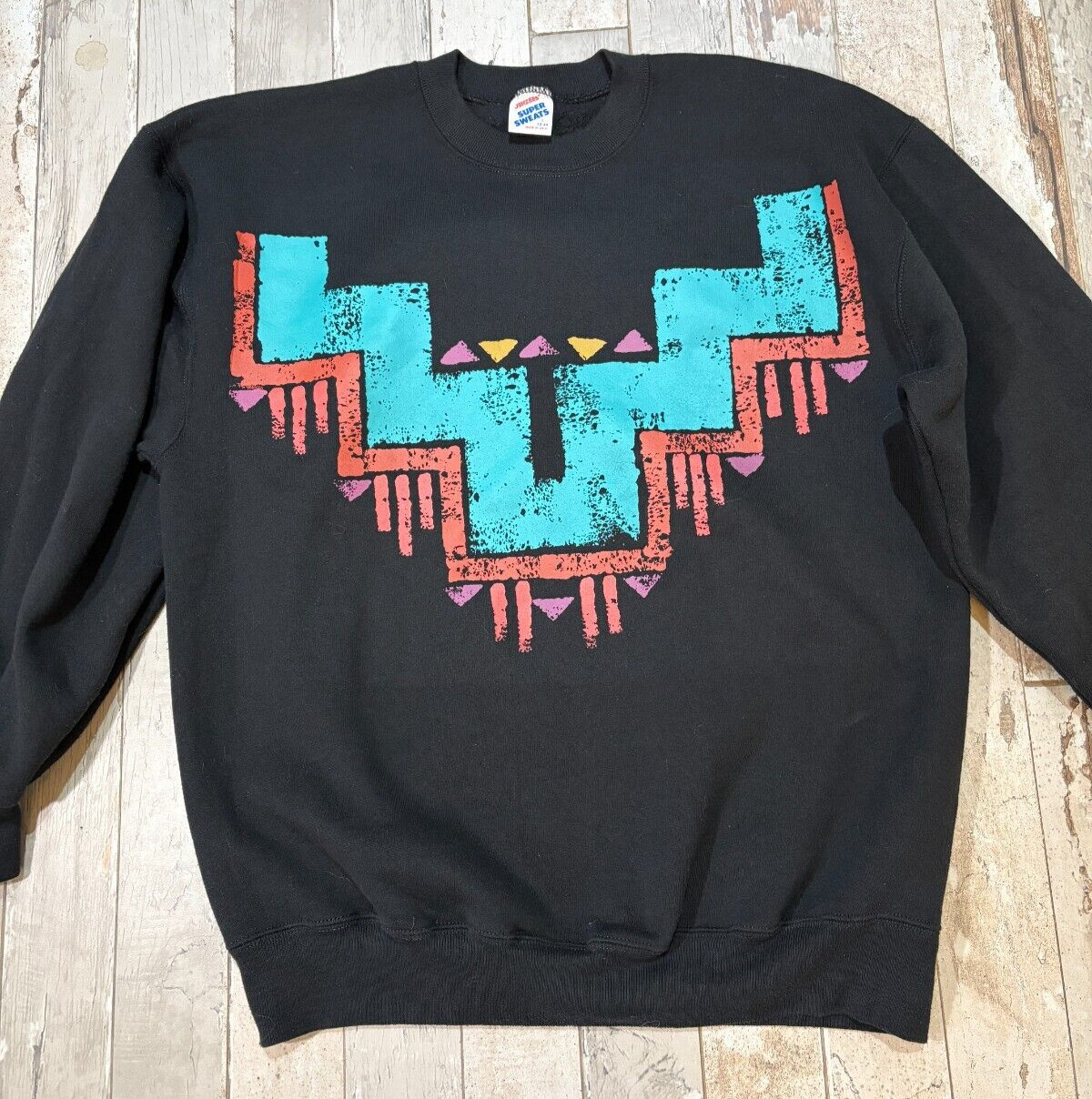 VTG 90s Jerzees Super Sweats Aztec Graphic Print Sweatshirt Black Size L Tribal