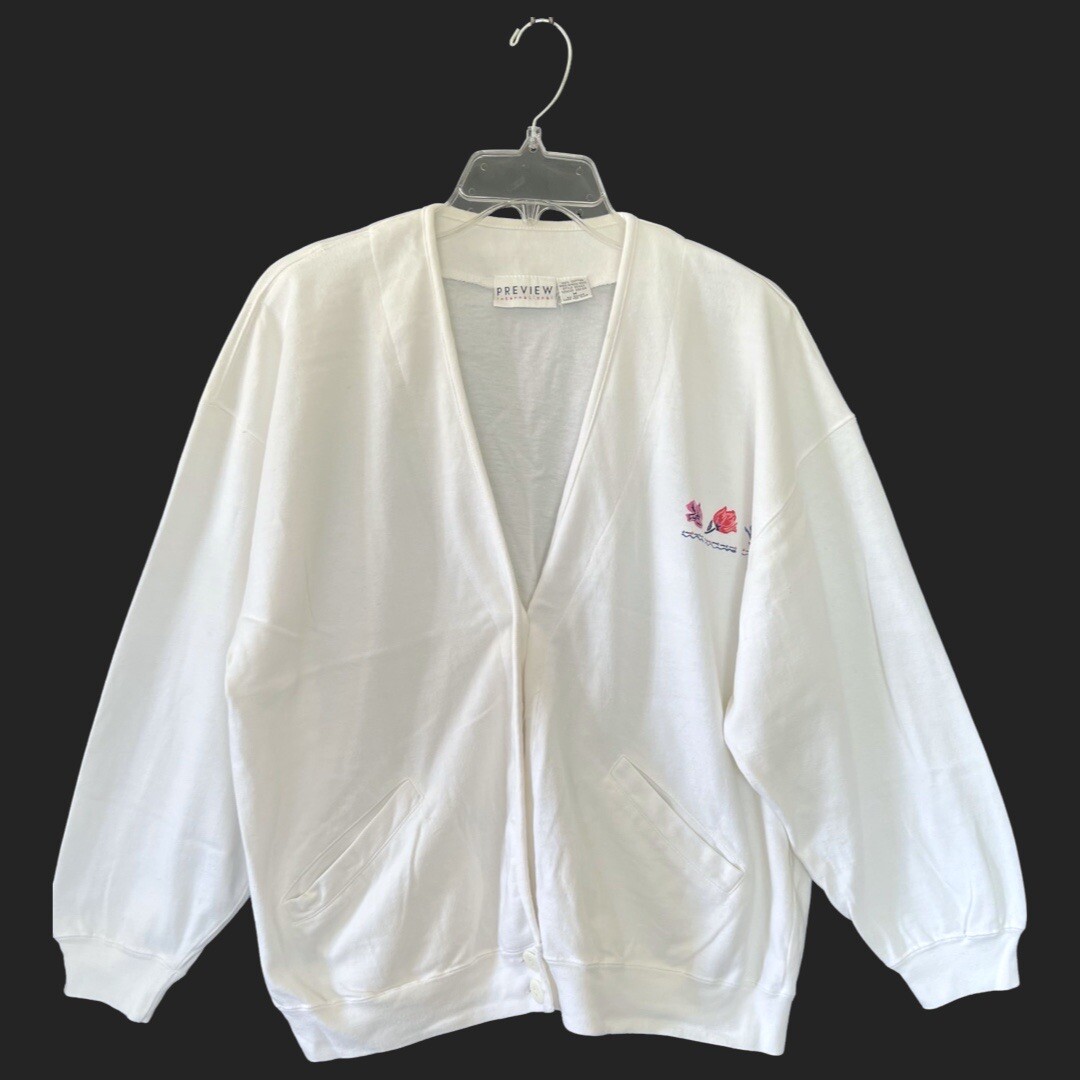 Vintage 90s Preview International White Cardigan Sweatshirt Embroidered M