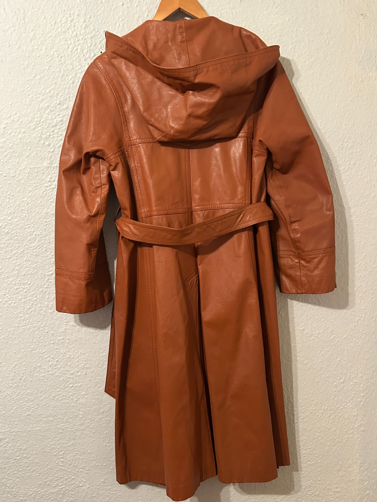 Vintage 70s Womens XS/S Leather Trench Coat Jacket Brown Belted Hooded