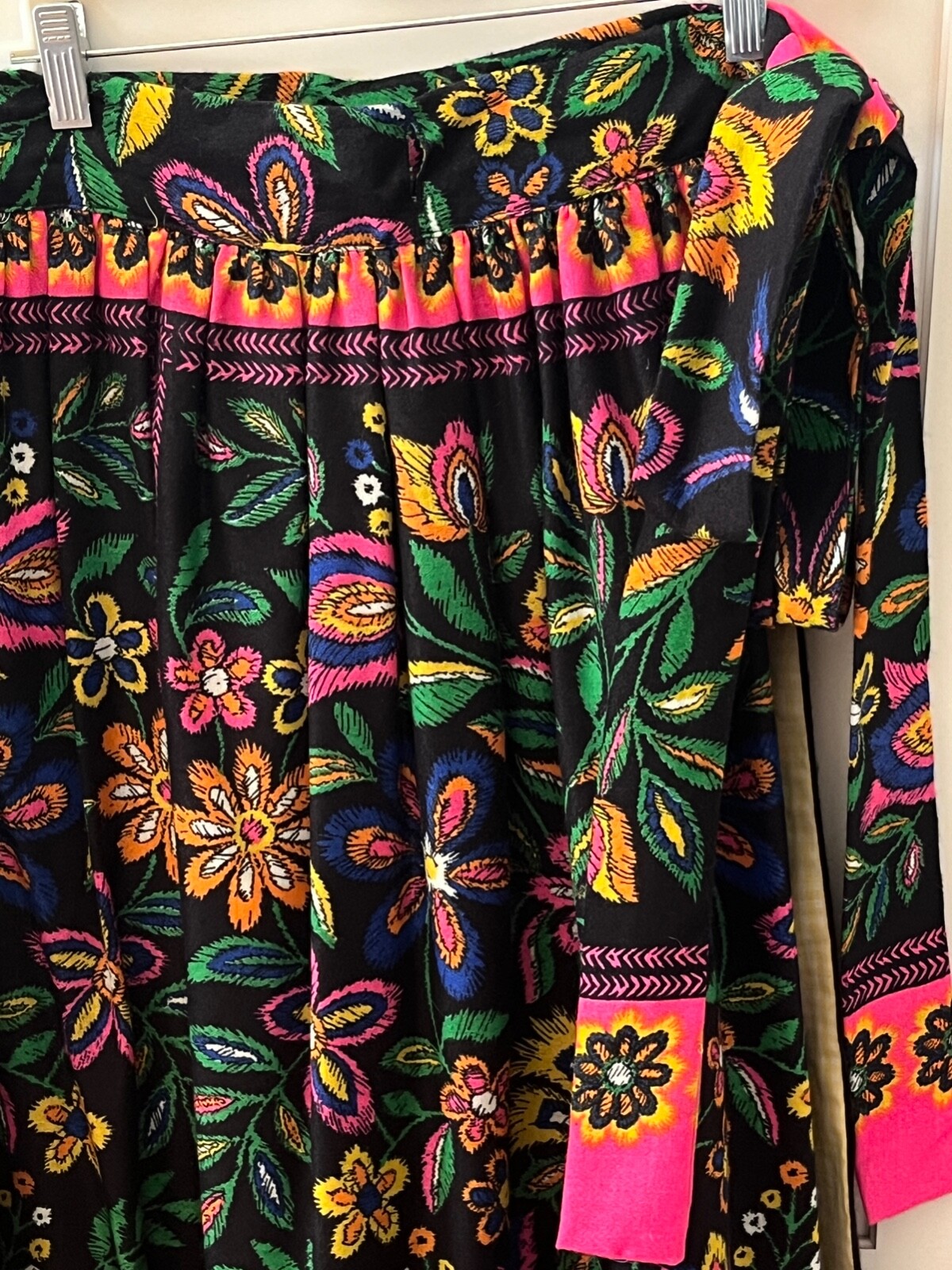 Vintage c. 1970 I. Magnin Floral Ethnic Neon Colors on Black Long Wrap Skirt