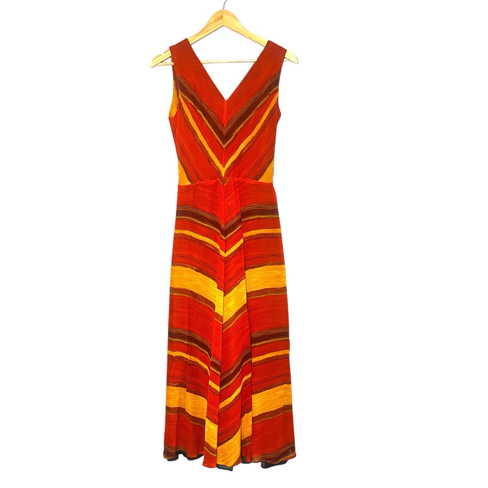 Vintage 70s R&J Collection Chevron Stripe Maxi Dress Red Orange Boho Retro S/M