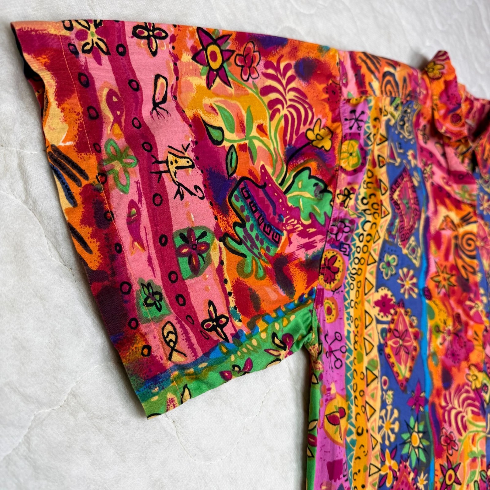 Vtg 90s Company One Cotton Button Up Shirt Shoulder Pads Funky Boho Dopamine Art