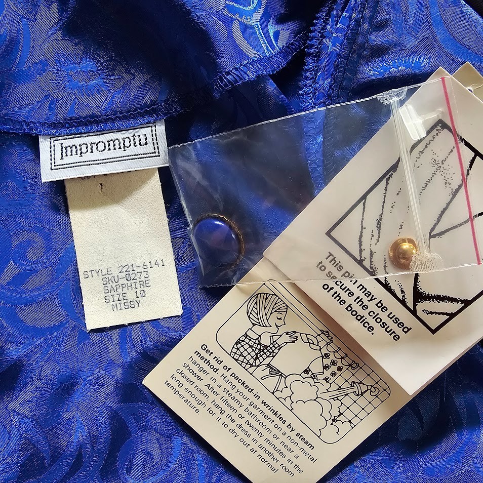 Vtg NOS 80s Sapphire Blue Jacquard Plunging Surplice Peplum Power Suit Dress M
