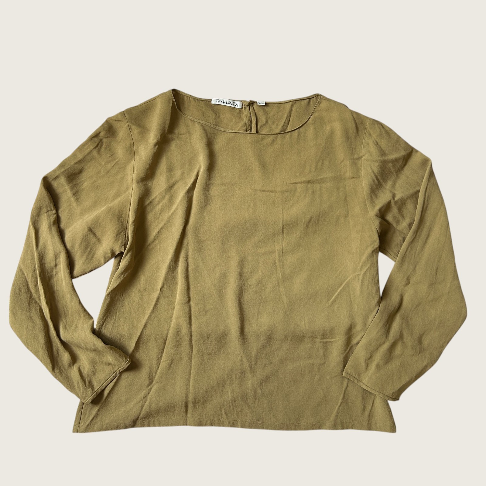 Vintage Y2K Tahari 100% Silk Olive Long Sleeve Blouse Size 12