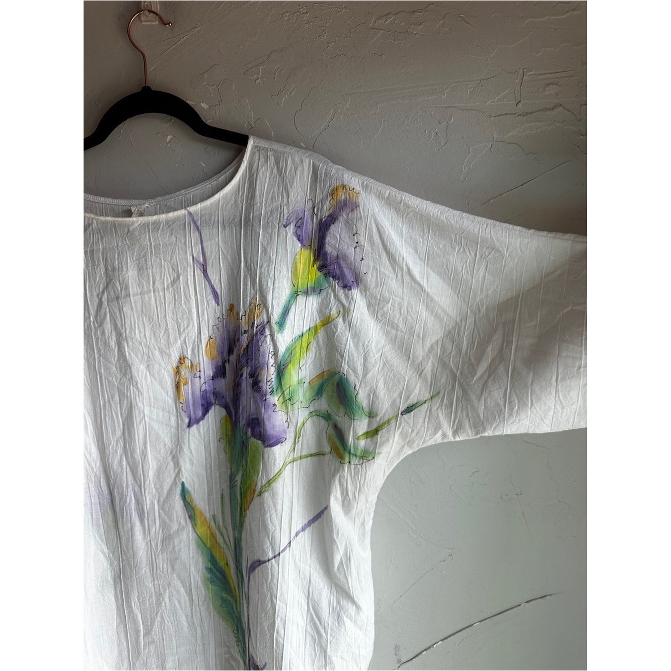 Vintage Hand Painted Iris Cover Up Tunic Boho Artwear Coastal Grandma One Size