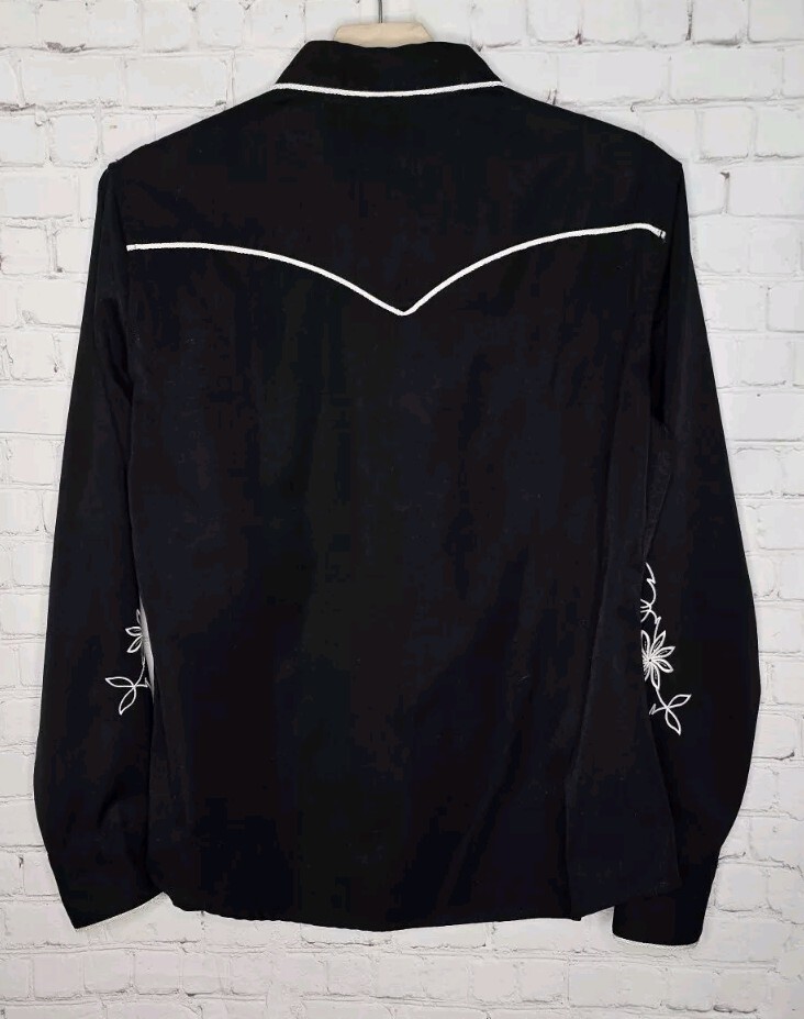 Panhandle Slim Western Pearl Snap Embroidery Black Shirt Rodeo Women Sz L USA
