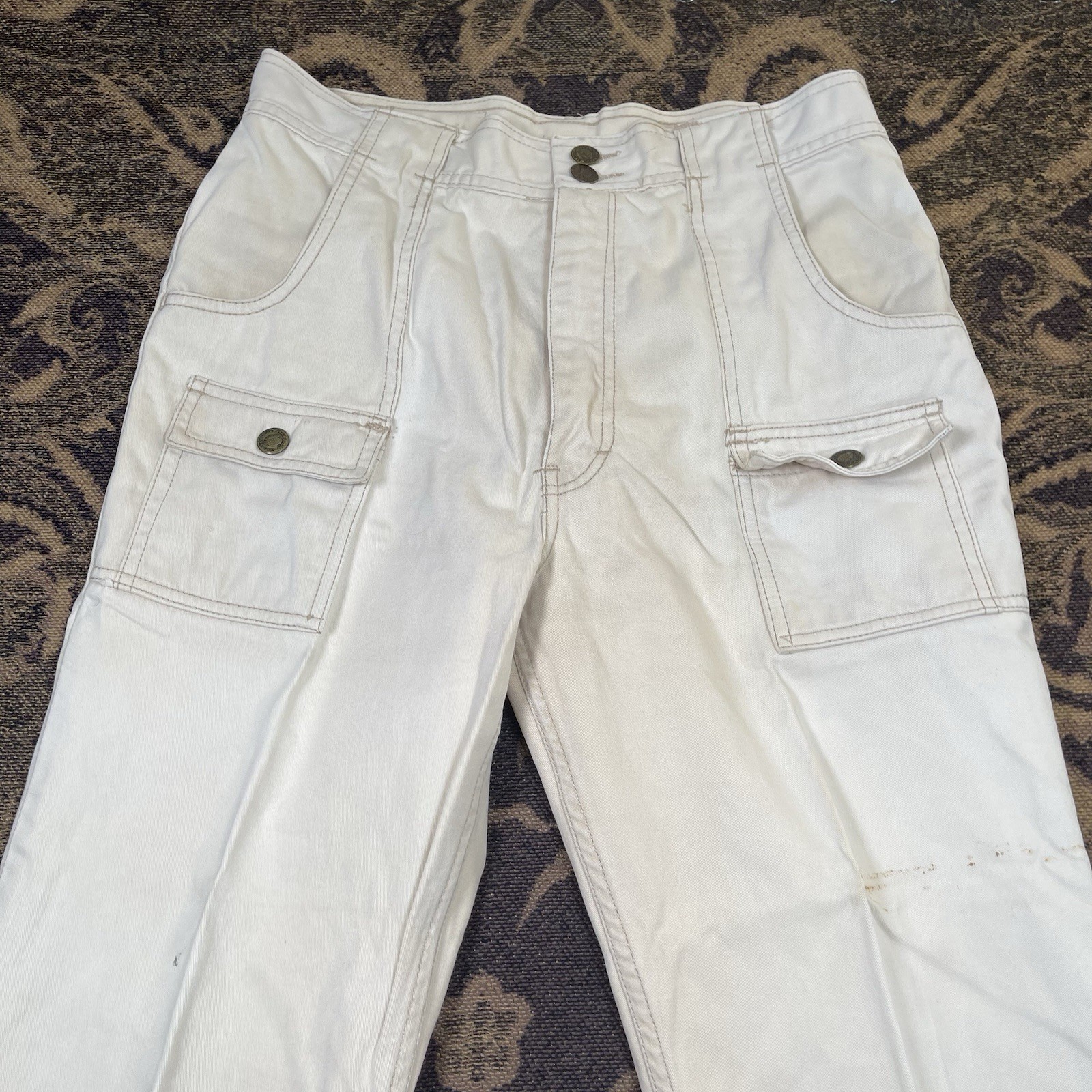 Vtg 70s Grape Vines Cargo Flare Wide Leg Beige Pants Juniors Size 32×33