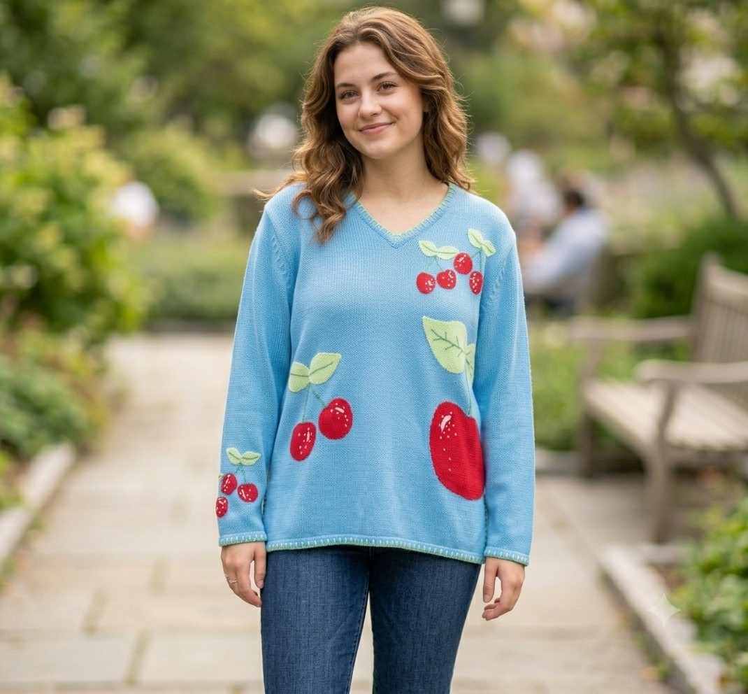 Vintage The Quacker Factory Blue Red Cherry Embroidered Pullover Sweater Large