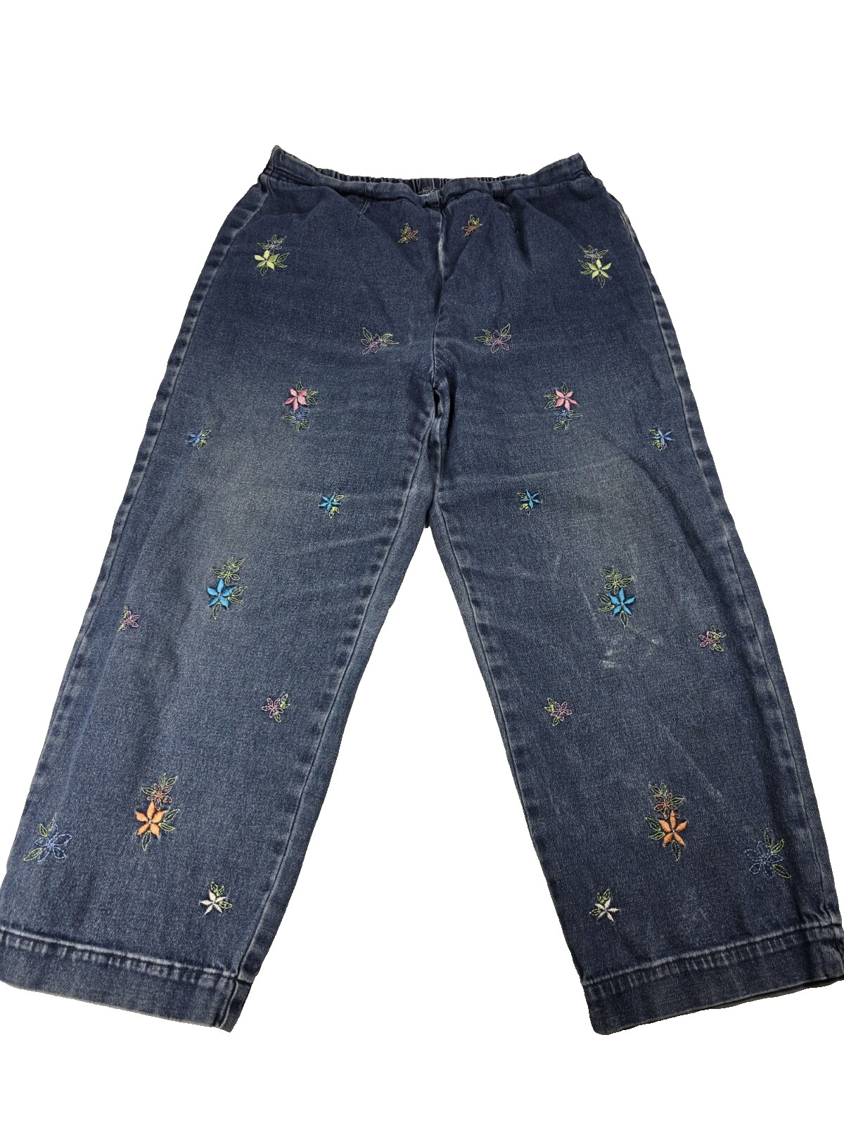 Vtg Cascade Blues Elastic Waist Capri Pants Denim Women’s Jeans Size S Floral